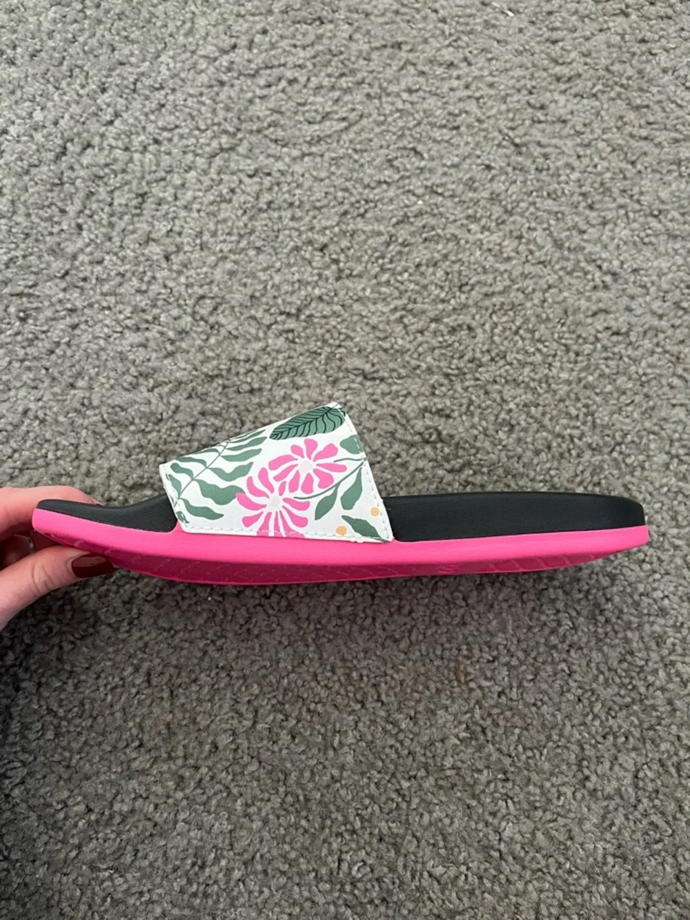 adidas Black Slide Sandals with Pink Trim and Floral Strap - Picture 5 of 8